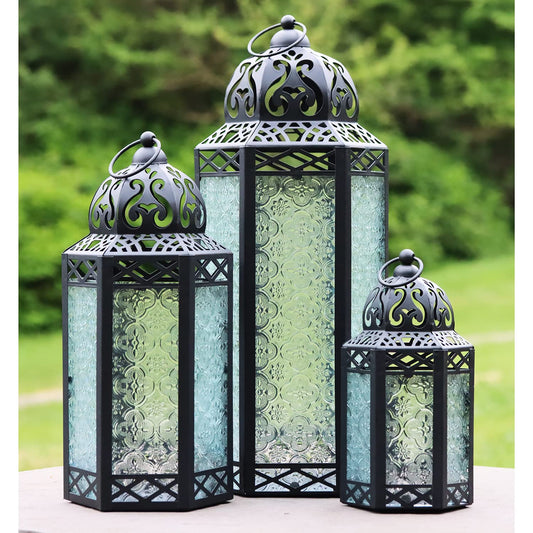 VELA LANTERNS Set of 3 Clear Glass & Black Metal Moroccan Candle Lantern Holders (XL, Large, Small) - Decorative Indoor/Outdoor Decor for Patio, Floor, Weddings & Ramadan