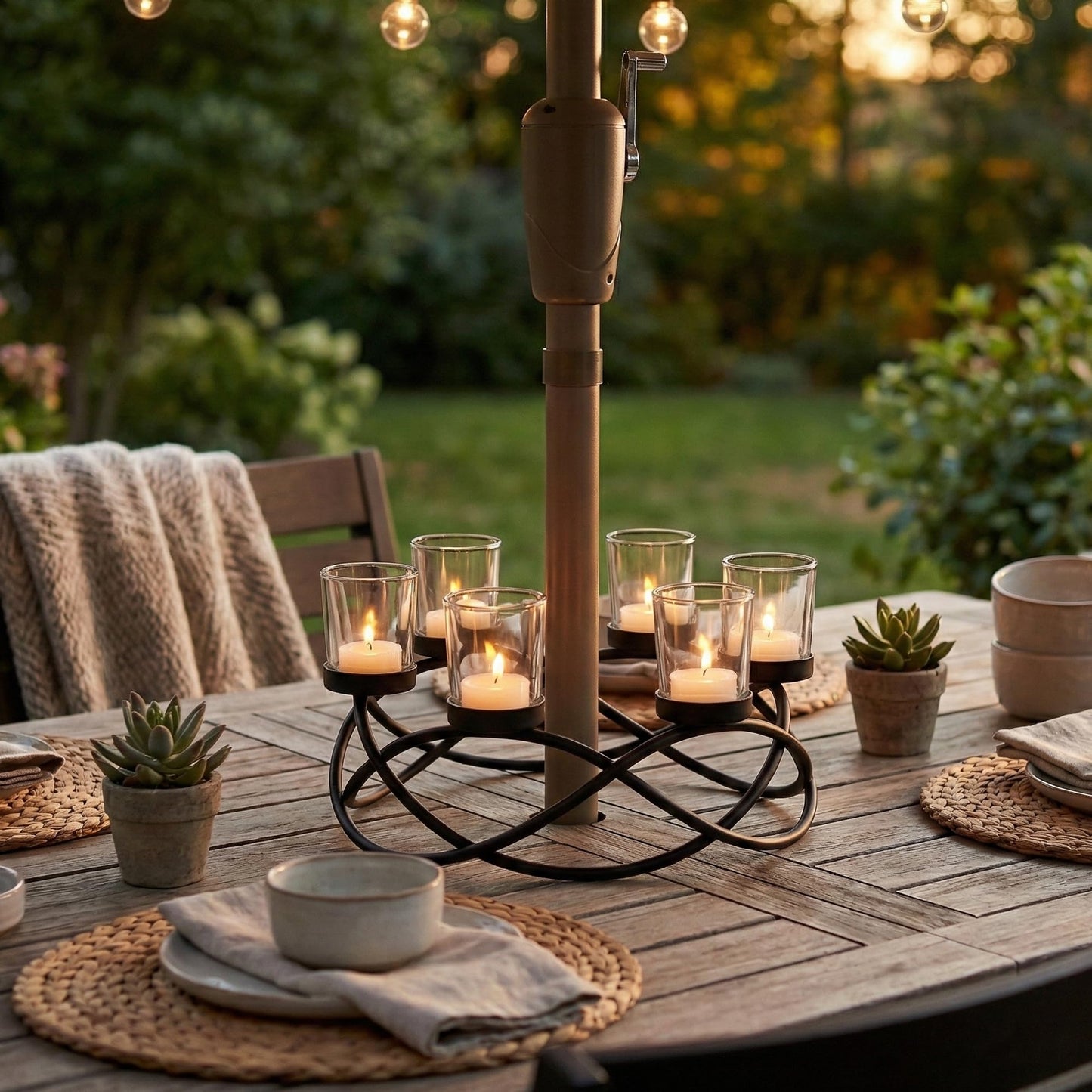 Seraphic Candle Holder Centerpiece for Tables, Outdoor Patio Umbrella Centerpieces, Round Dining Room Table Decor, Wrought Iron 6 Cup Candelabra, Modern Rustic Kitchen Island Tabletop, Black/Clear