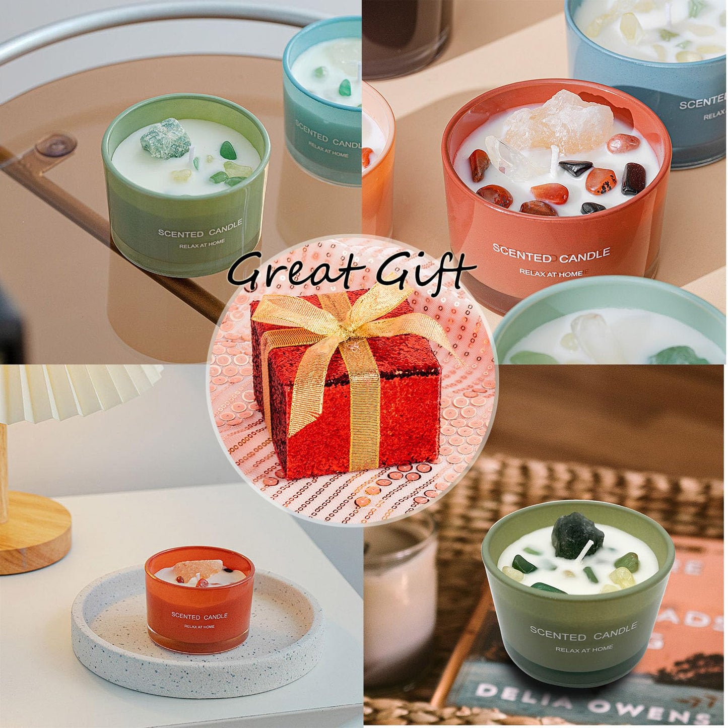 Healing Crystal Candles Chakra Jar Candle Soy Candle Gifts for Women Scented Candle Set 2 Pack Green and Orange