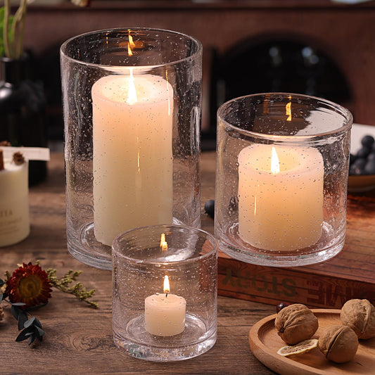 NITIME Hurricane Candle Holder Set of 3 Clear Candle Holders for Pillar Candles, Seeded Bubbles Glass Candle Holder for table centerpiece, Glass Cylinder Vases for Home, Patio and Wedding 8"4.7"3.5"H