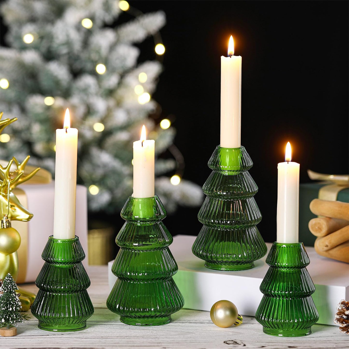 Leinuosen 4 Pcs Christmas Tree Candle Holder Green Glass Candlestick Holder for Taper Candle Stand Modern Green Candlestick for Christmas Holiday Table Centerpiece Mantel Home Room Party Decor Gift