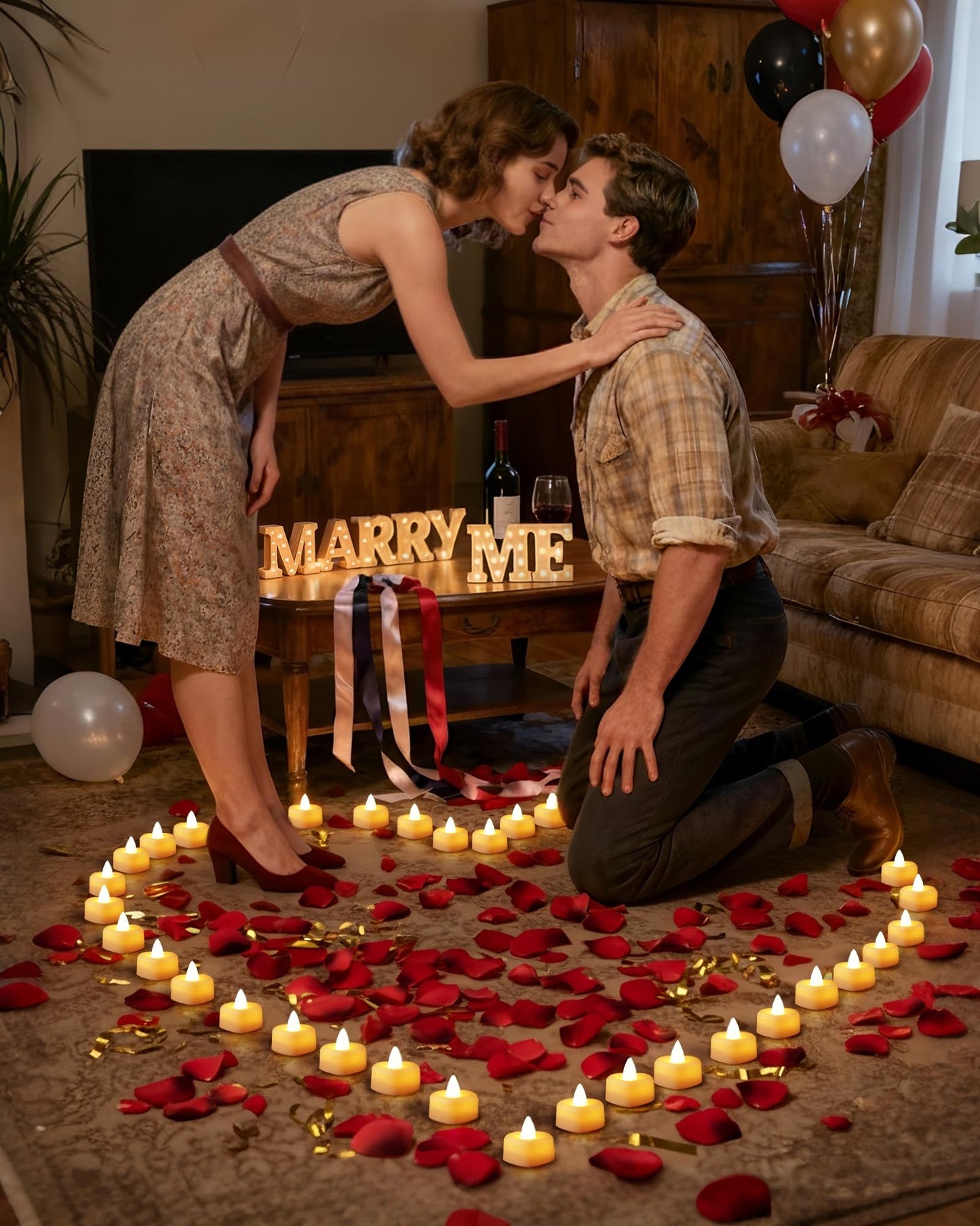 Amagic 2000 Pieces Artificial Rose Petals with 24 Heart LED Tea Lights Candles Kit, Rose Petals and Candles Set for Proposal, Anniversary, Special Romantic Night, Wedding Table Decor, Birthday