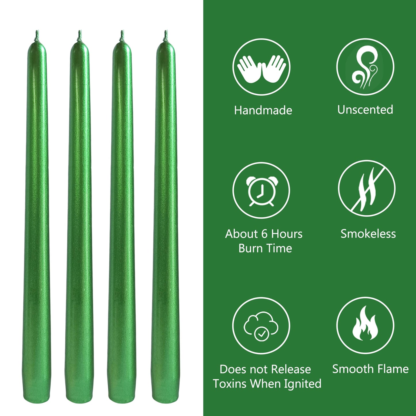 Emerald Green Taper Candles Set of 4, 10 Inch Handmade Candle Stick, Metal Candlesticks, Unscented Tapered Candles for Christmas Dinner Table Decor Gift