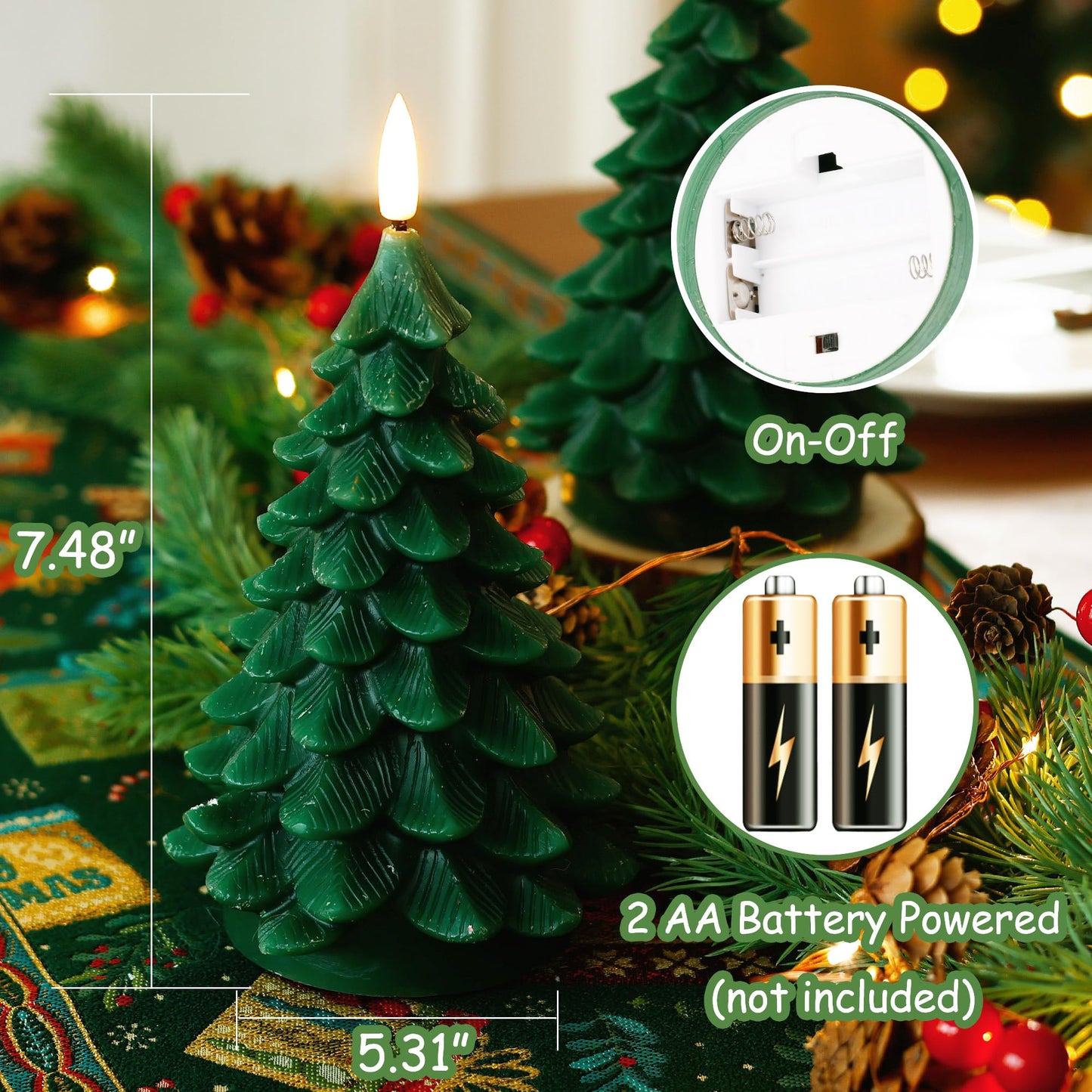 JOIONE Christmas Tree Flameless Candles with Remote Timer, Battery Operated Flickering Candles, LED Real Wax Candles for New Year Celebration, Christmas Decor, Set of 2, Green (3.15" X 7.48")