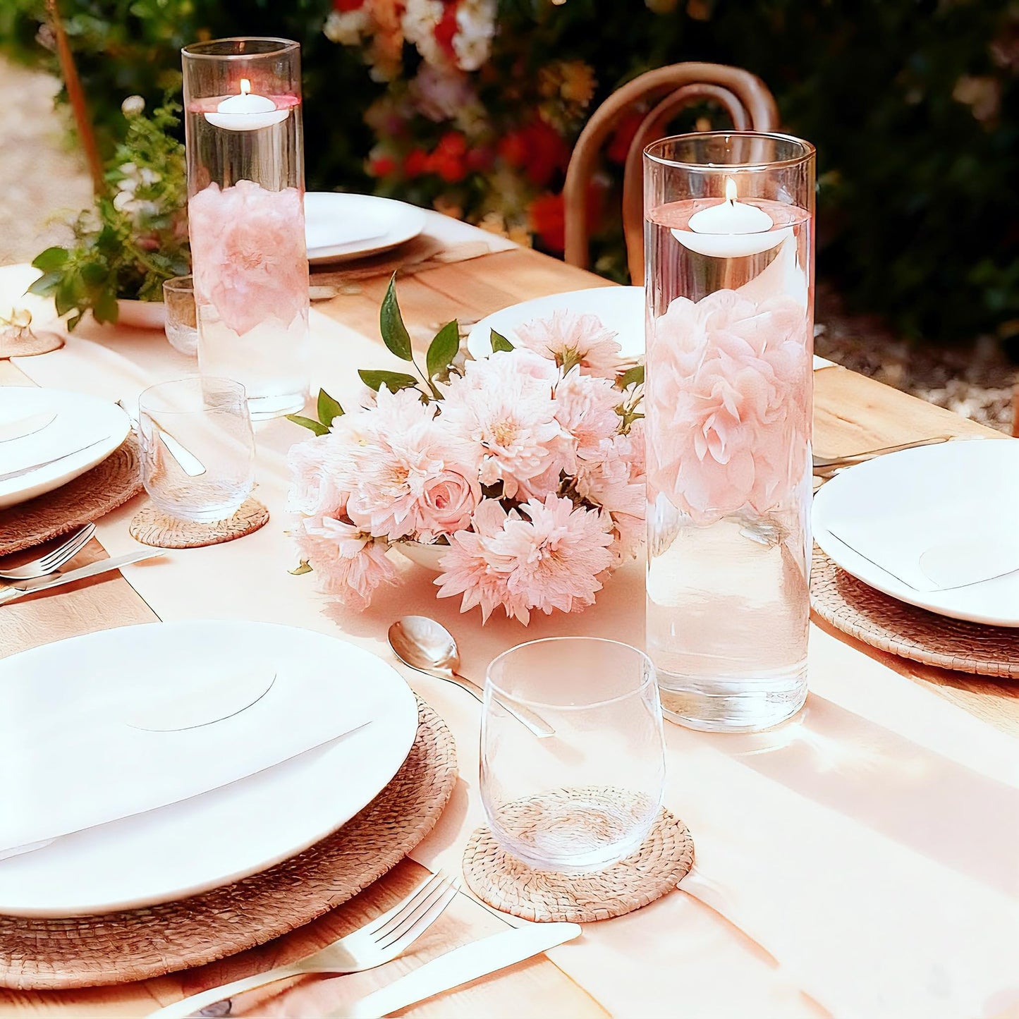 UDU 24 Pcs Floating Candles for Centerpieces and Floating Flowers for Centerpieces Artificial Flower Head for Home Birthday Wedding Party Table Decor Pink