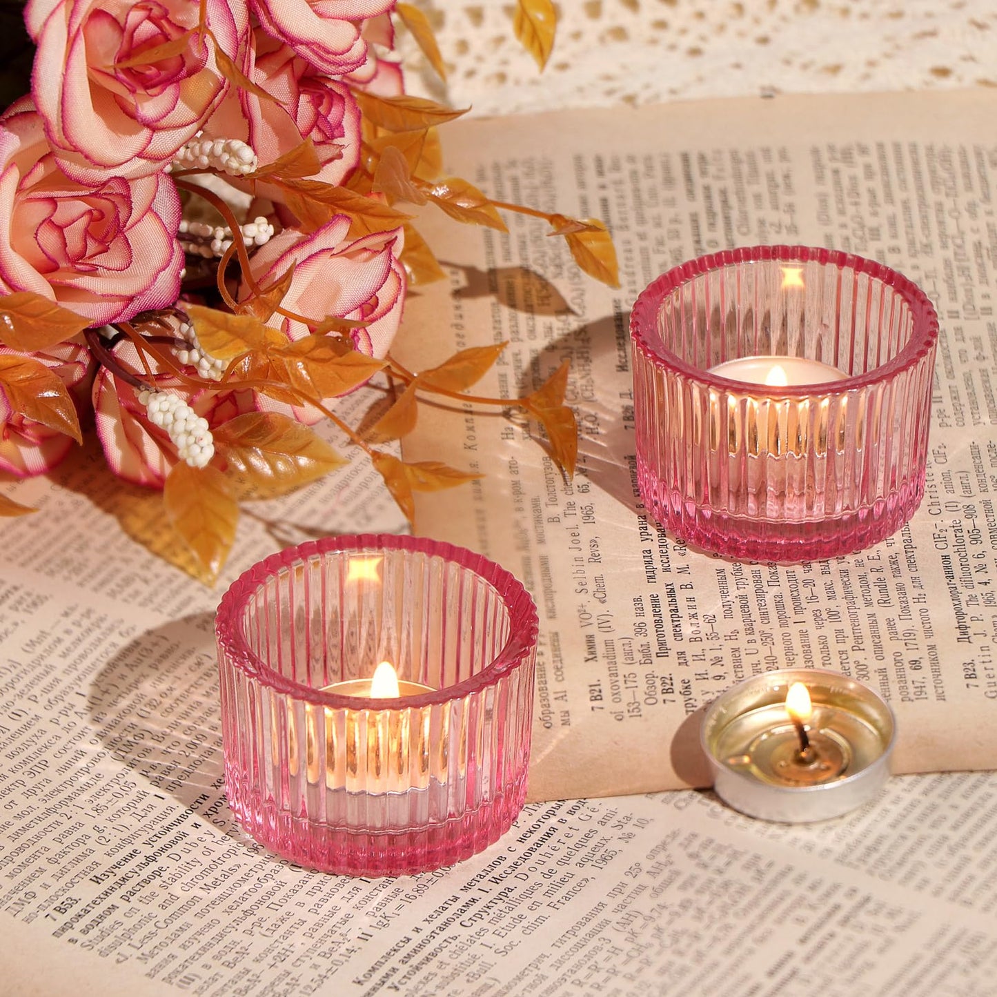 Lanttu Pink Tealight Candle Holder Set of 12, Small Votive Candle Holders for Table Centerpiece,Glass Tea Light Candles Holder for Party&Home,Wedding Decor(2''Dia*1.4''H)
