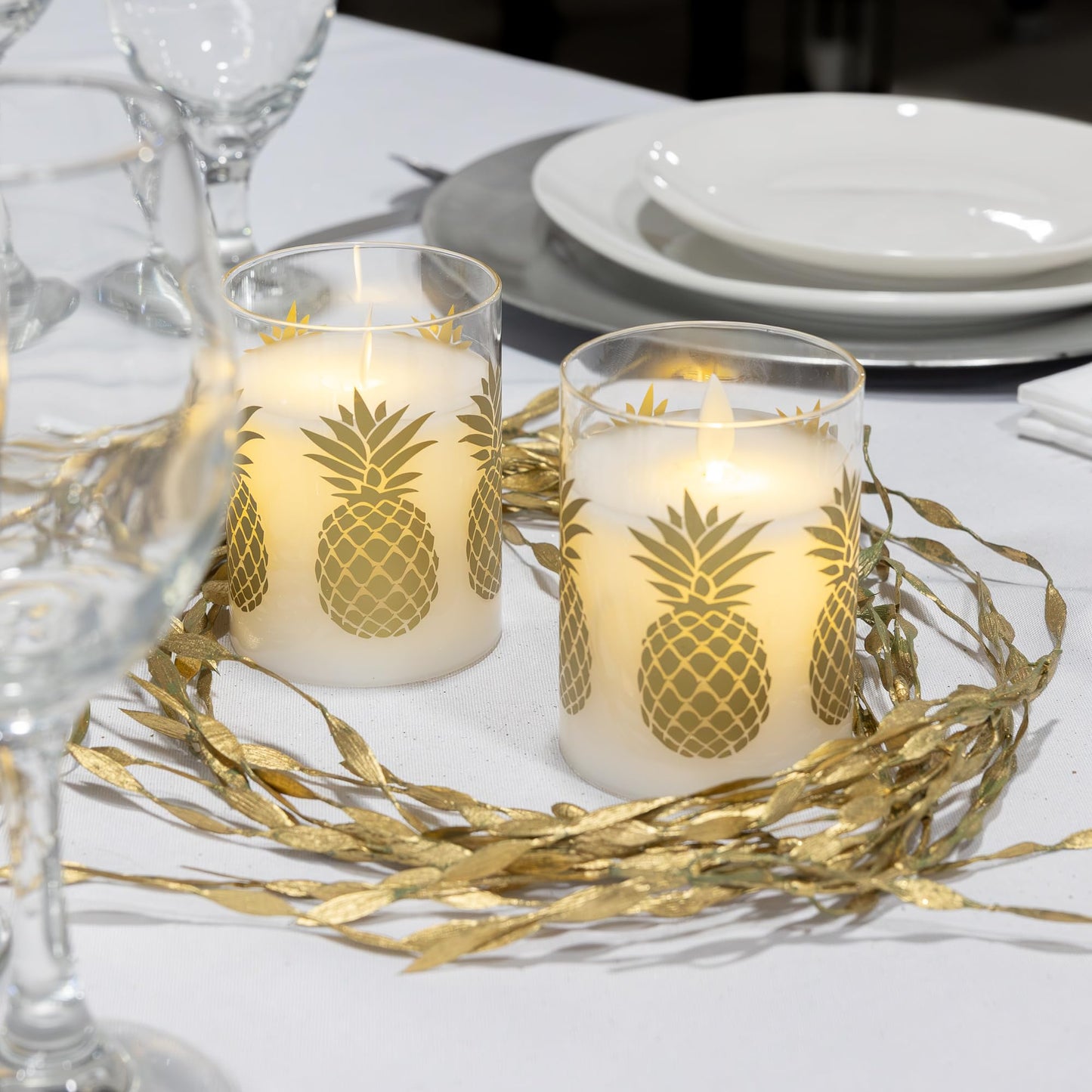 LumaBase Battery Operated LED Glass Candles with Flickering Flame, Pineapple - Set of 2