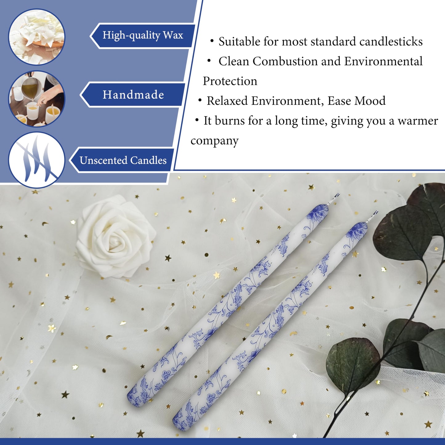 Printed Taper Candles 10 INCH Handmade Candles Unscented Smokeless Candlesticks Blue and White Porcelain Pattern Candle for Home Wedding Dinner Holiday Party