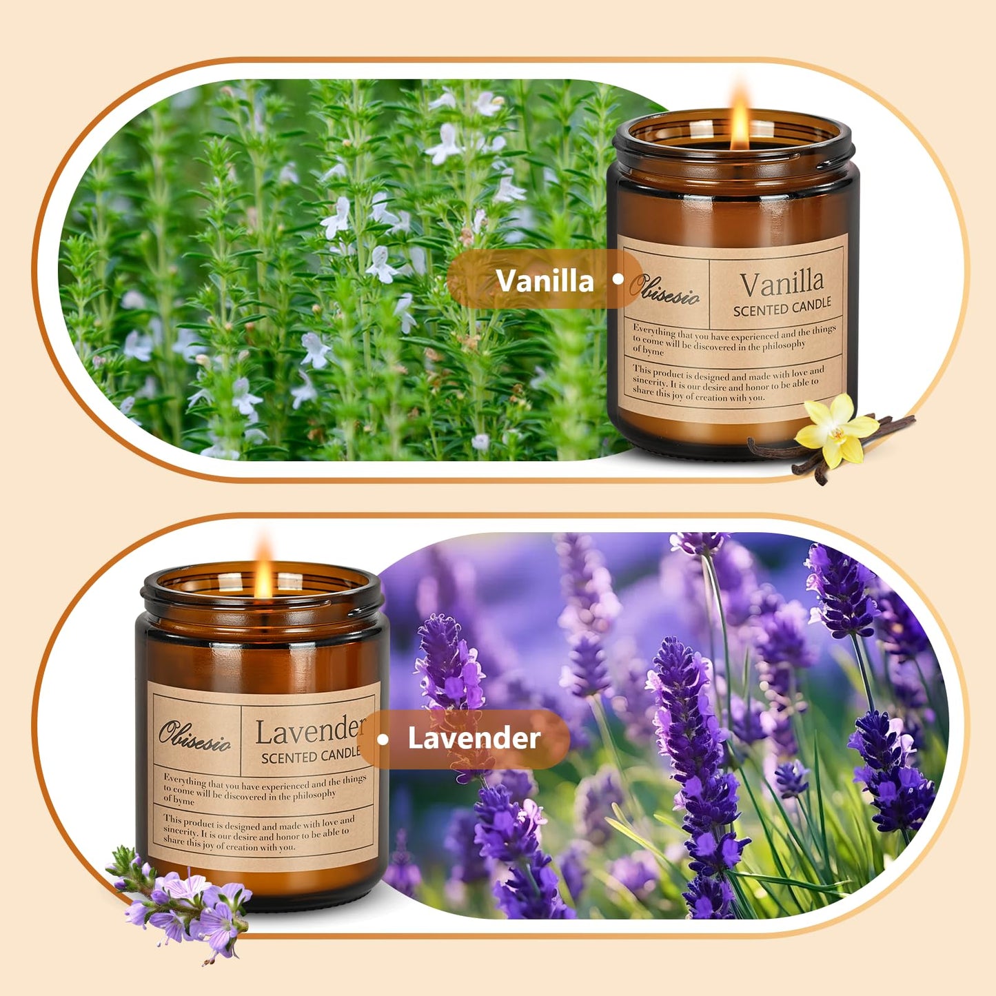 Obisesio Candles 2 Pack, Candles for Home Scented, Aromatherapy Candle Gift Set for Women Soy Wax Long Lasting Amber Jar Candles for Birthday Housewarming Mother's Valentine Day(Vanilla & Lavender)
