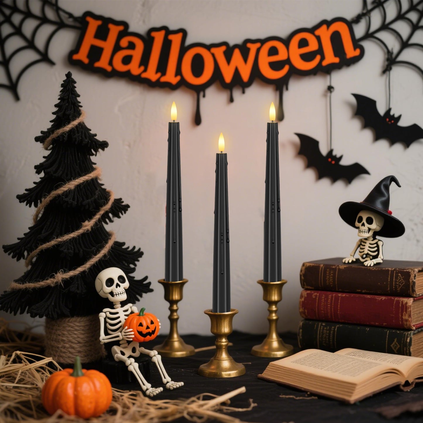 SHENSY 3 Pack Halloween Black Flameless Taper Candles –Drip Real Wax Battery Operated LED Candlesticks with 3D Flickering Flame, Remote & Timer – Haunted Decor for Spooky Tables & Windows