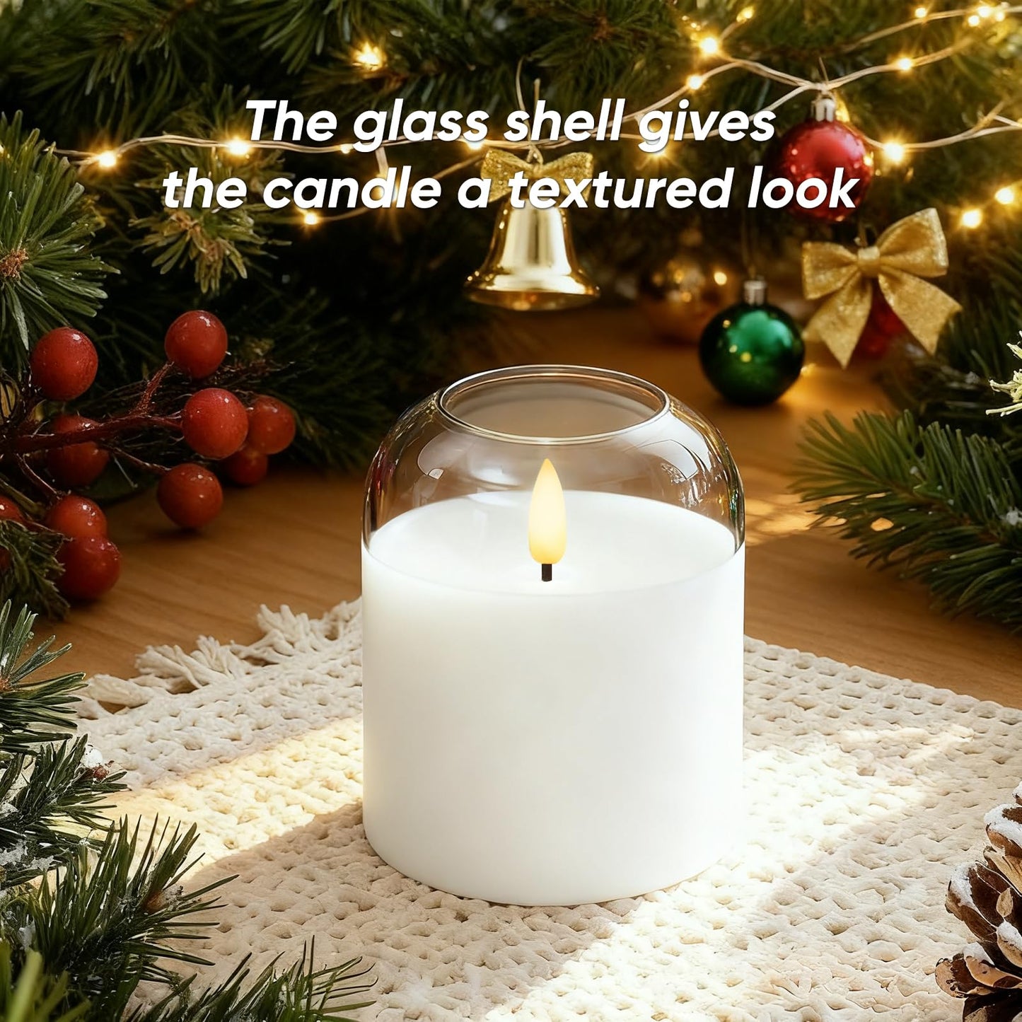 Homemory Glass Flameless Candles, Battery Operated Plliar Candles Realistic Flickering, LED Electric Light with Remote and Timer for Home, Christmas Decoration, White, Set of 3
