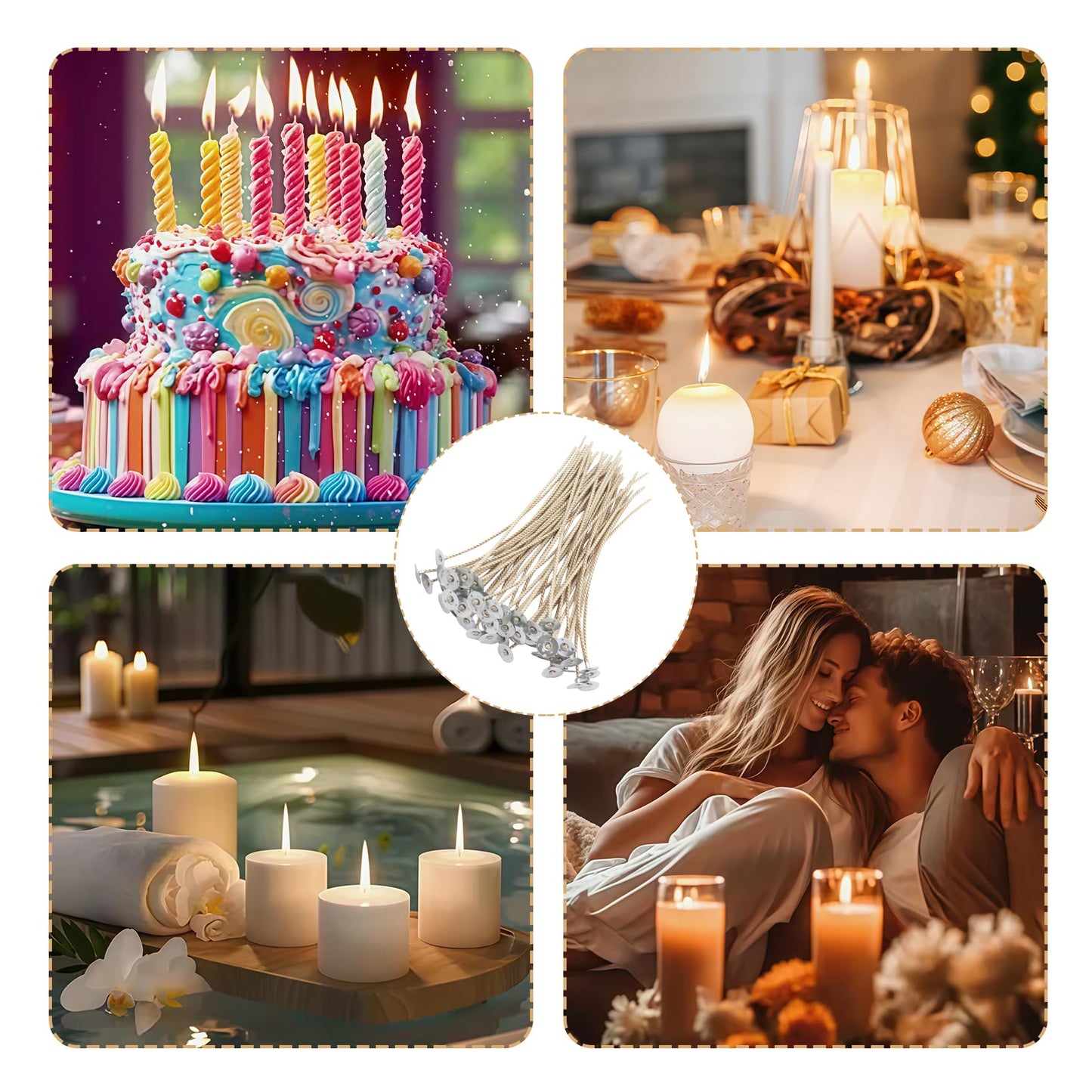Candle Wicks Kit - 50pcs 8 Inch Natural Candles Wicks with 10pcs Wooden Holders 120 Pcs Wick Stickers for Soy Wax Beeswax Coconut Wax Candle Making Supplies