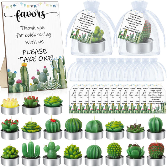 MTLEE 36 Sets Succulent Candles Baby Shower Favors for Guests Include 36 Plant Tealight Candles 36 Thank You Tags 36 Organza Bags Wooden Standing Sign for Gender Reveal Gifts(Cactus)