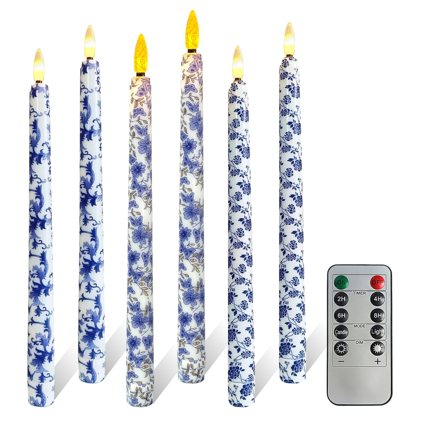 FCMSHAMD 6PCS Blue and White Porcelain Flameless Taper Candles, 11 Inch LED Candlesticks Battery Operated with 11-Key Remote and Timer, 3D Flickering Flame Lights for Wedding Party Home Decor Gifts
