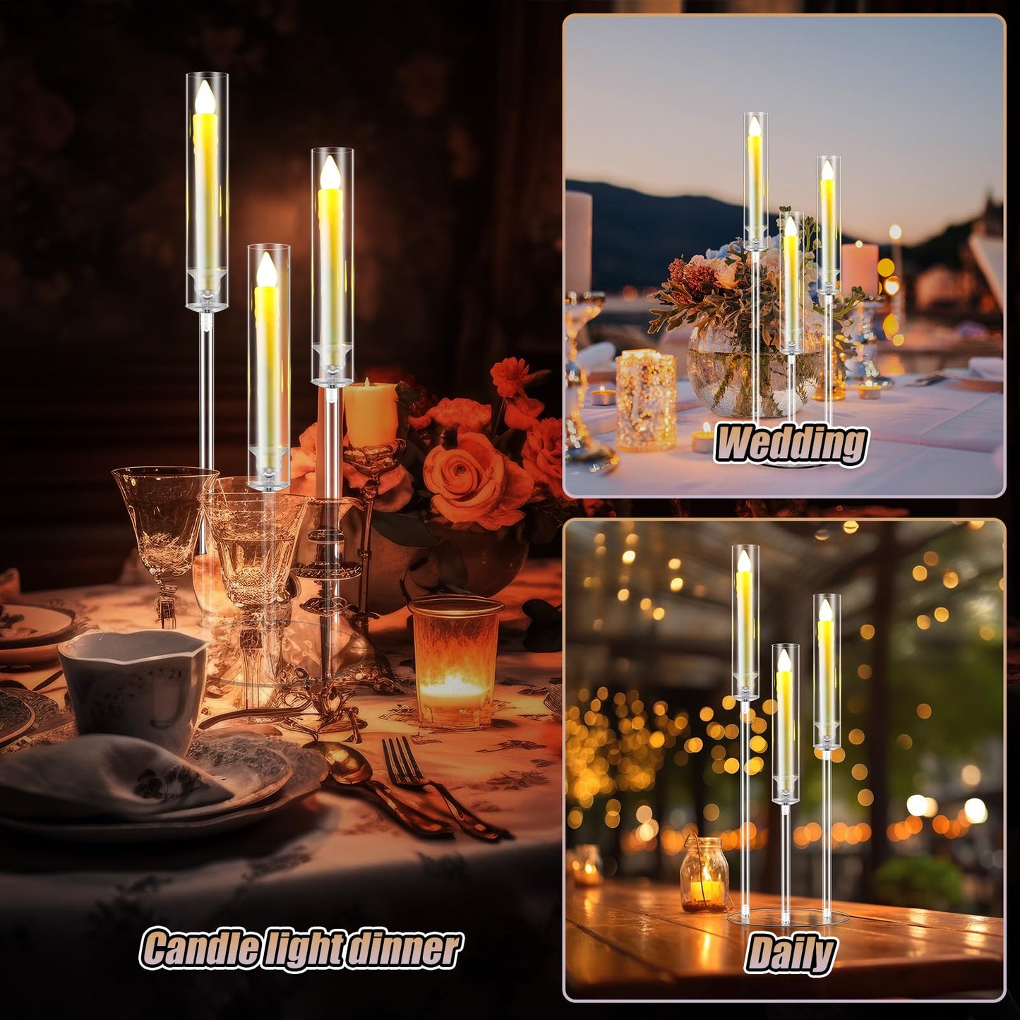 Tandefio 6 Sets 3 Arm Acrylic Candelabra Centerpieces for Wedding Tables 30inch Tall Clear Candle Holder Centerpieces with 18 LED Candles and Shade for Ceremony Birthday Anniversary Party Home Decor