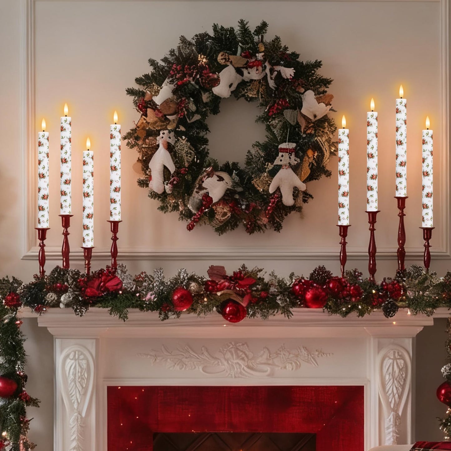 SEHNSY Christmas Flameless Taper Candles, 4 Pcs 9.64 Inch Poinsettia LED Candlesticks with 3D Flickering Flame, Battery Operated Candle with Remote for Xmas Home Décor Christmas Gifts