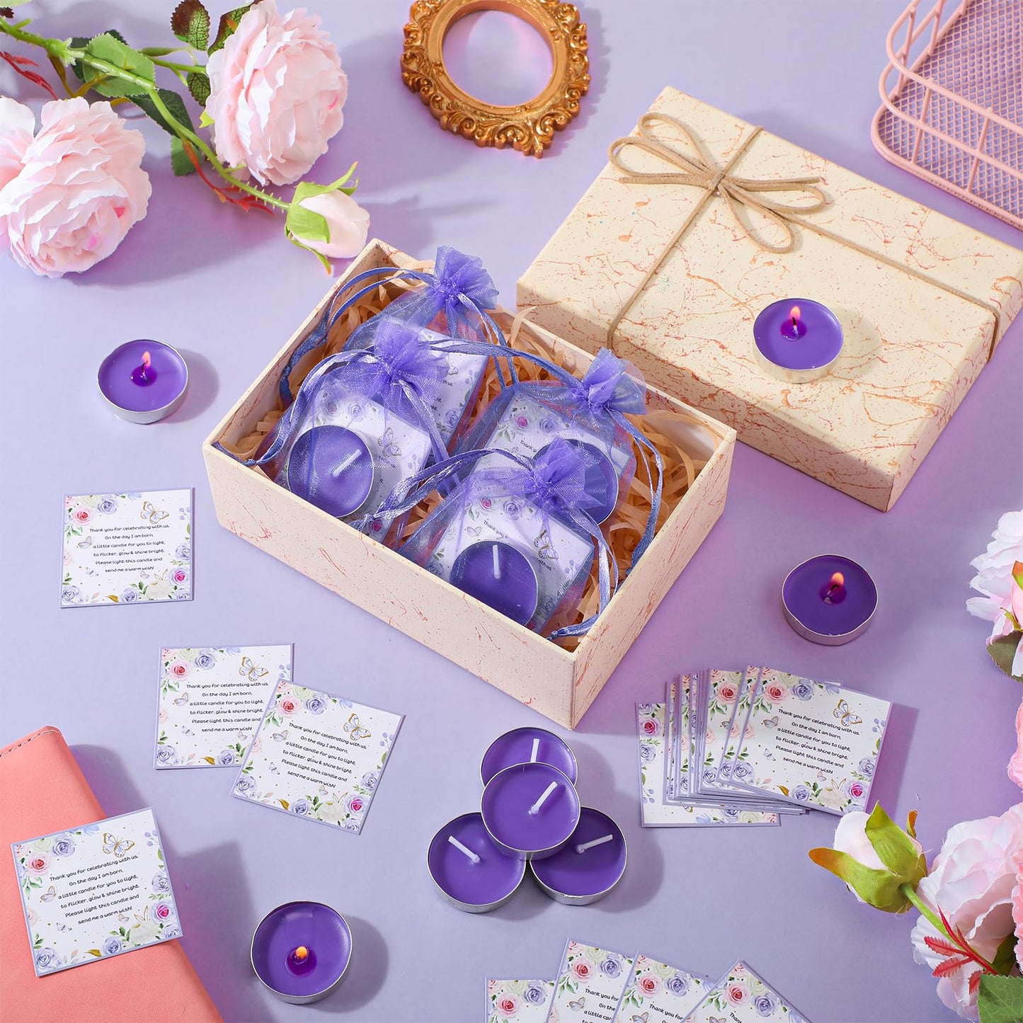 MTLEE 50 Sets Baby Shower Party Favors Candles Including 50 Pcs Tealight Candles Thank You Cards Baby Shower Bags for Guests Prizes Gender Reveal Party Decorations(Purple,Butterfly)