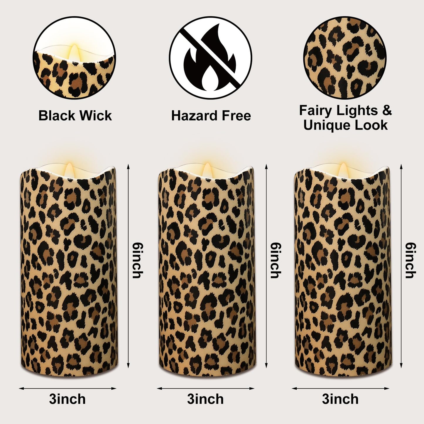 Whaline 3 Pcs Cheetah LED Flameless Candles Leopard Print Battery Operated Pillar Candles for Wedding Party Home Table Decor