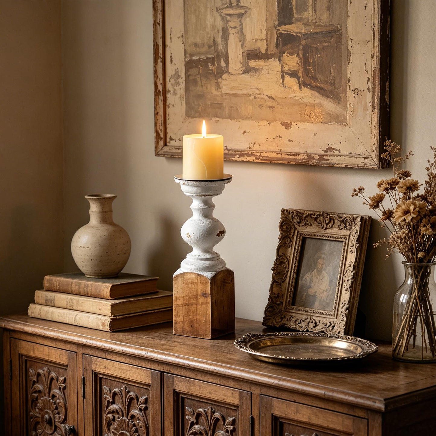 SOFE Wood Farmhouse Candle Holders, 11" Tall White Candle Holders for Pillar Candles, Rustic Candle Stand for Mantel, Coffee Centerpiece Table Decorations, Living Room, Dining Room Decor