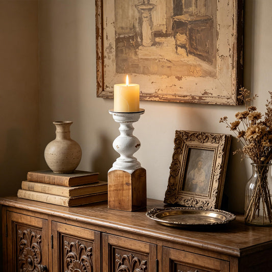 SOFE Wood Farmhouse Candle Holders, 11" Tall White Candle Holders for Pillar Candles, Rustic Candle Stand for Mantel, Coffee Centerpiece Table Decorations, Living Room, Dining Room Decor