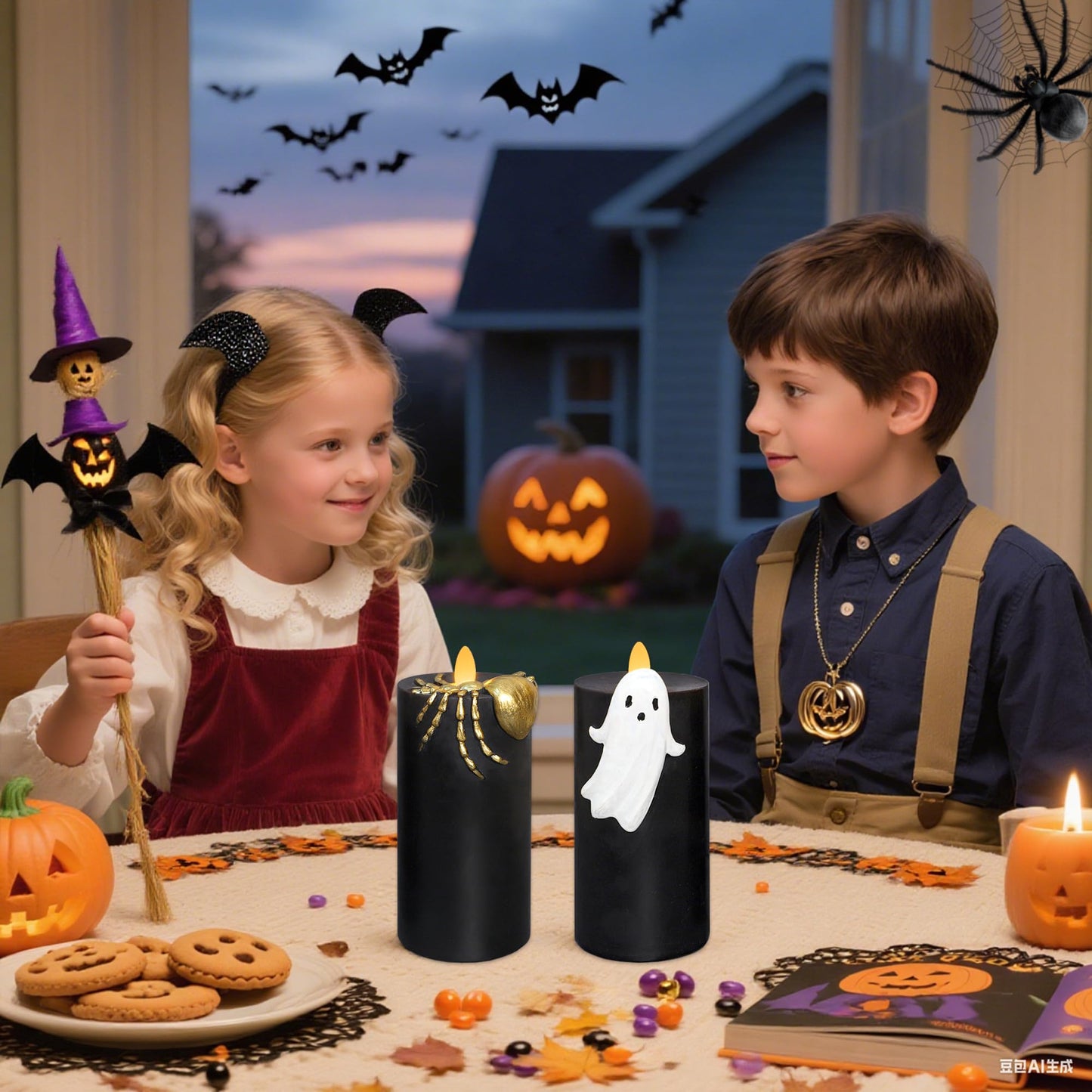 Silverstro Halloween Flameless Candles with Remote & Timer, Real Wax Hand-Carved Painted Ghost Spider LED Candles for Home Party Haunted House Horror Theme Halloween Decor, 3" x 7" Set of 2
