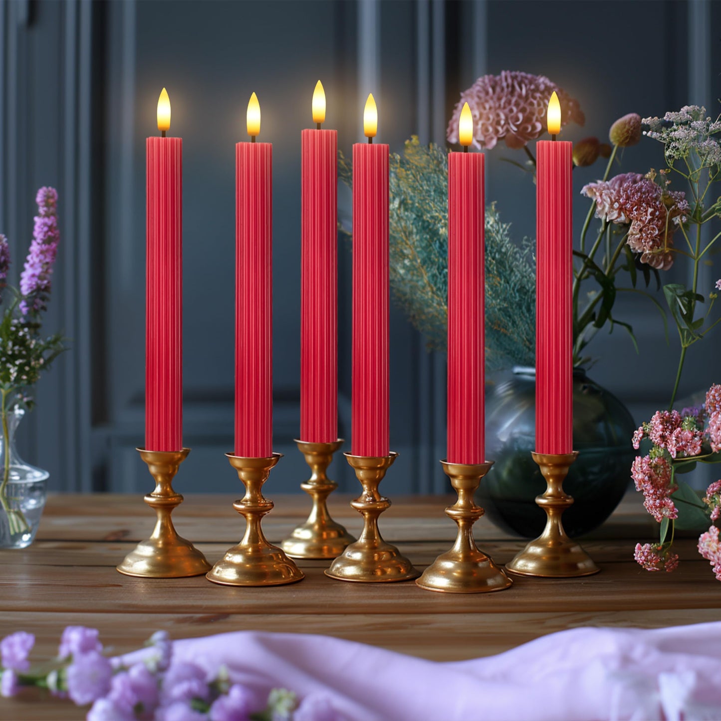 West Ivory 12 Pack, 10" LED Flameless Red Fluted Ribbed Grooved Taper Candles, Remote & 24h Timer Memory, On/Off Button, Dimmable, Flicker Mode, Battery Operated, Christmas Menorah Wedding