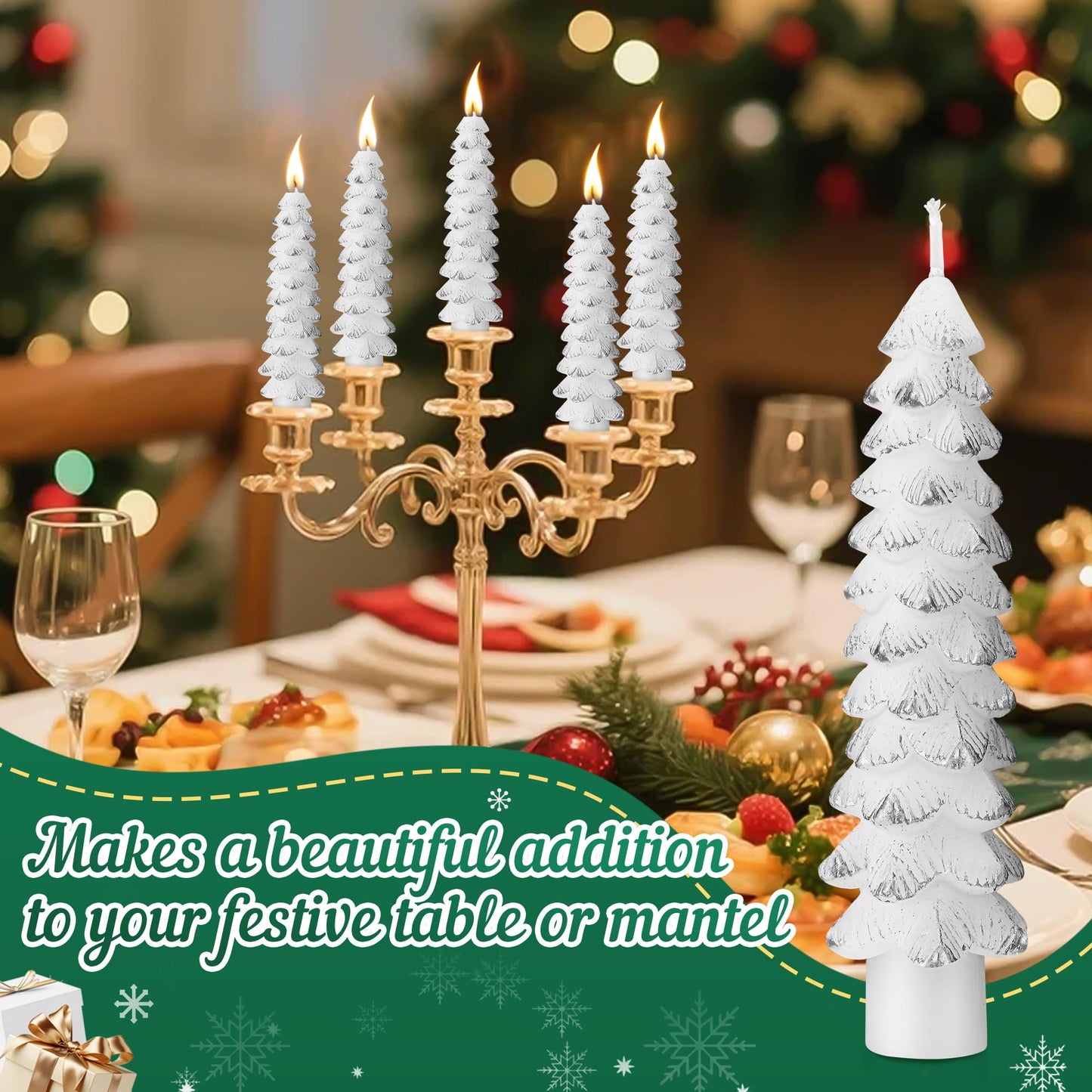 Ceoighe 2 Pack Christmas Tree Candles, 5 Inch Unscented Tree Shaped Taper Beeswax Candles for Christmas Holiday Decor Table Centerpiece Display Party Banquet Gift (White with Silver Trim)