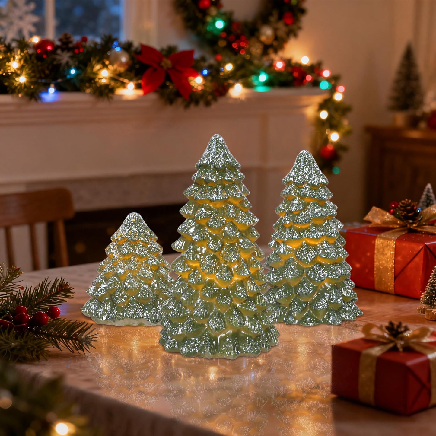 Cafemoon Christmas Tree Flameless Candles with Remote Timer, Real Wax Green LED Pillar Candles, Battery Operated 3D Flickering Flame for Holiday Decor for Mantel