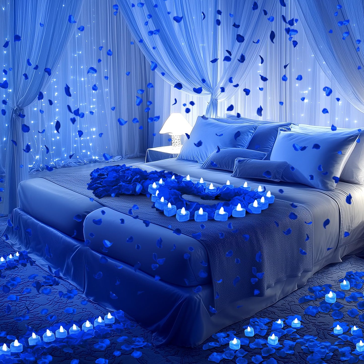 3000Pcs Blue Rose Petals with 36Pcs LED Tea Lights Candles, Romantic Gifts for Her, Special Night, Date Night Ideas, Wedding, Anniversary, Proposal
