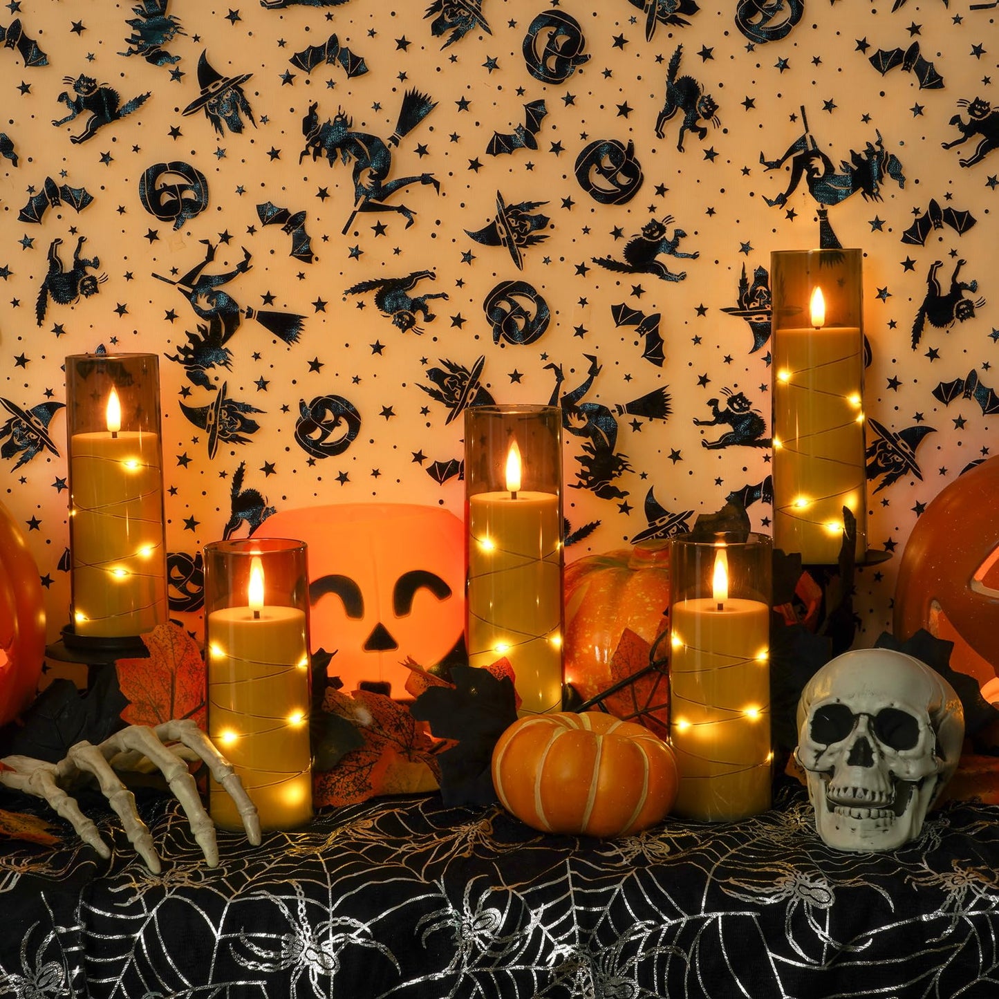 Homemory 12Pcs Flameless Candles with Star String Fairy Lights, Flickering Battery Operated Candles, LED Fake Candles with Remote and Timer, Halloween, Weddings, Home Decor, Grey