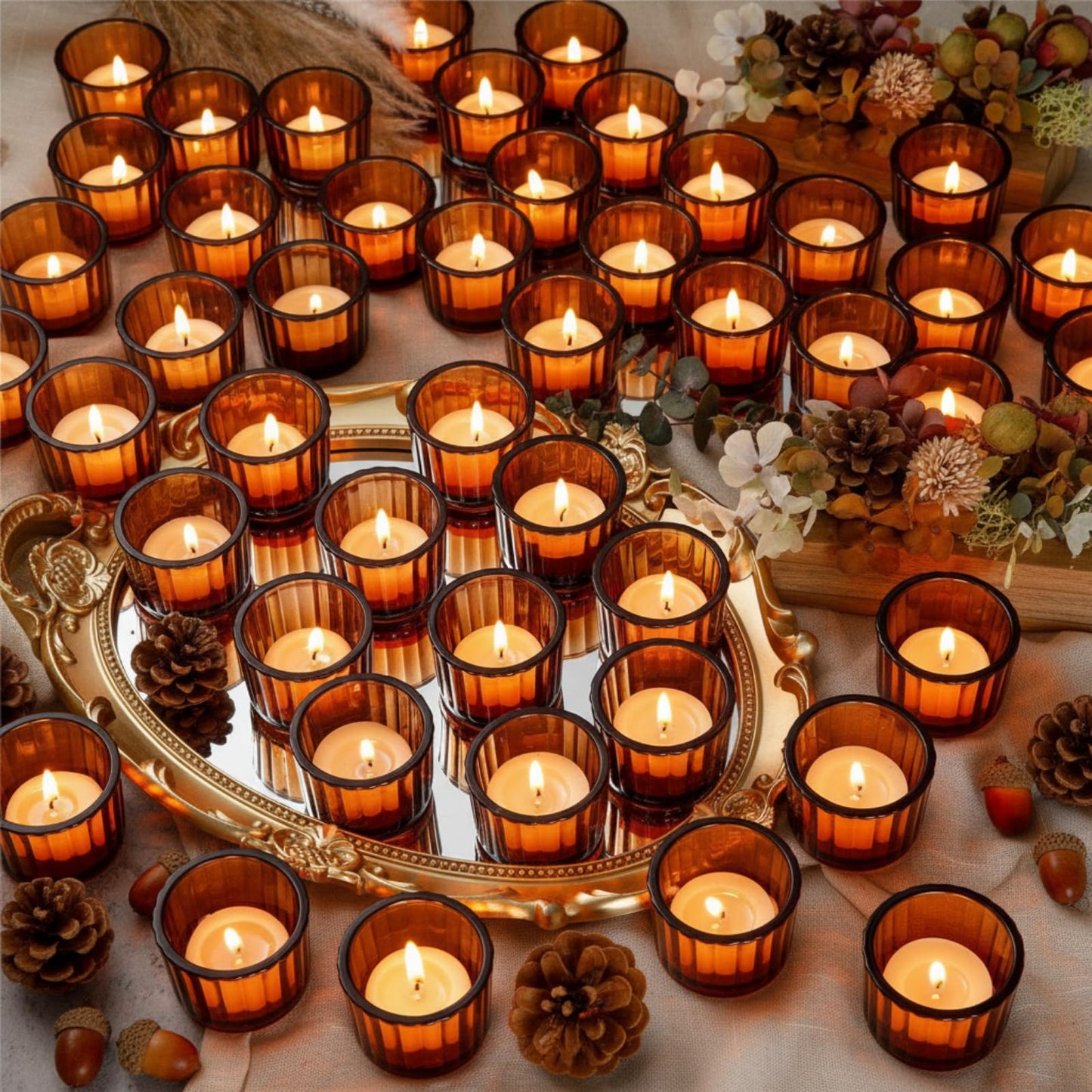 Mumufy 100 Pcs Glass Tealight Candle Holder Ribbed Votive Candle Holder for Centerpiece Wedding Proposal Spa Aromatherapy Meditation Home Decor (Amber)