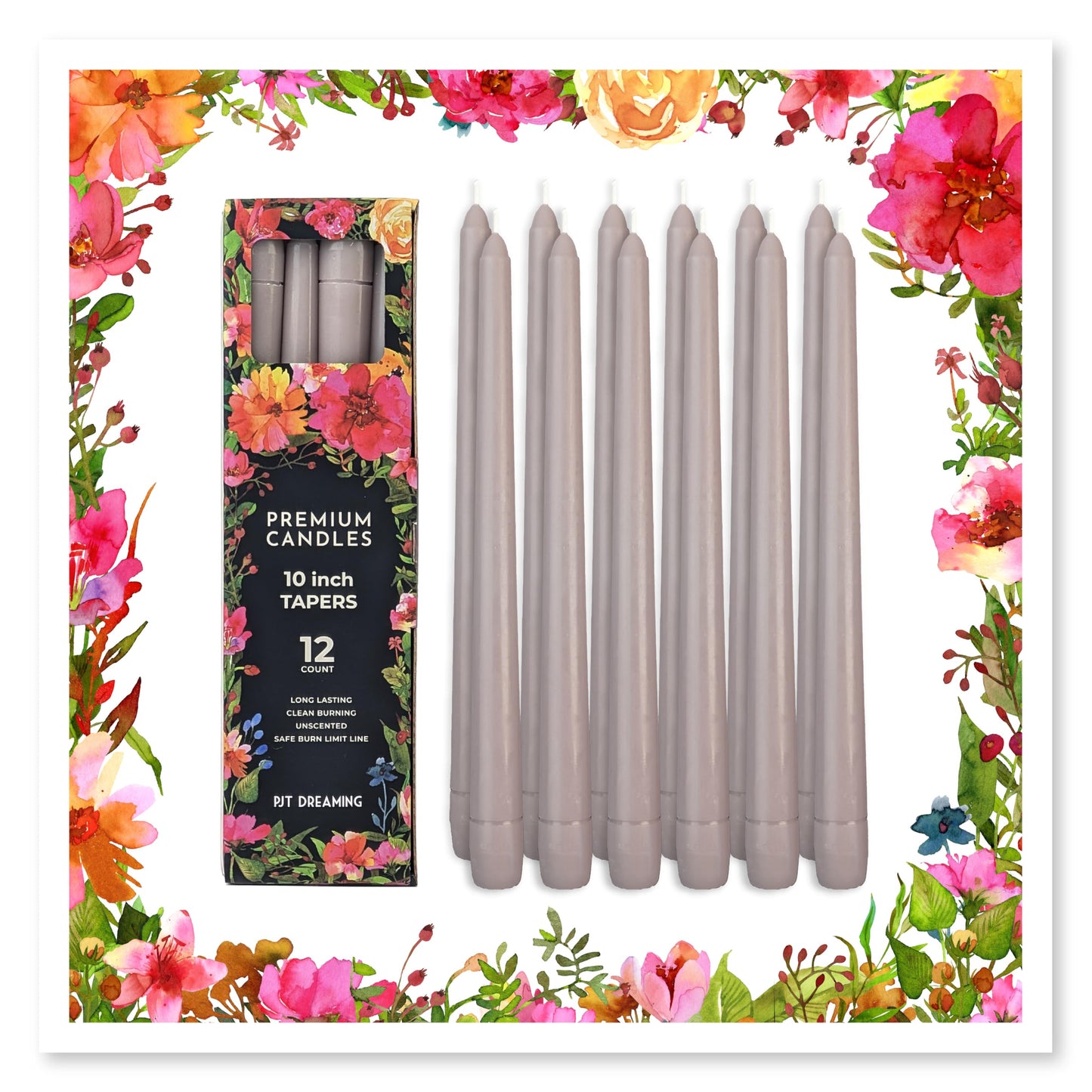 Putty Gray Taper Candles 10 Inch, 12 Pack - Unscented Dripless Dinner Candles, 7 Hour Burn Time, Premium Solid Wax Candlesticks for Weddings, Parties, Events & Home Decor. Candlesticks