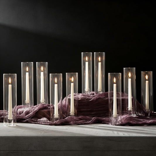 NUPTIO Taper Candle Holders Glass: Set of 10 Hurricane Candlestick Holder Bulk - Candle Stick Stand with Cylinder Sleeves for Thanksgiving Chrstmas Birthday Party Decor