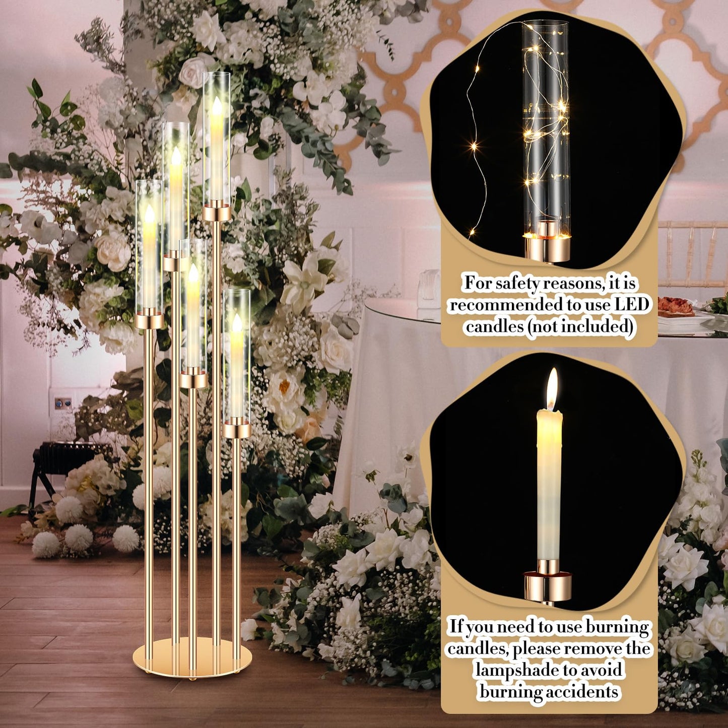 Tandefio 2 Sets Acrylic Candelabra Centerpieces 42.5" Tall Clear Candle Holders Pillar Taper Candlestick with Lampshades 5 Arm Floor Candelabra Stand for Wedding Christmas Ceremony Dinner Party