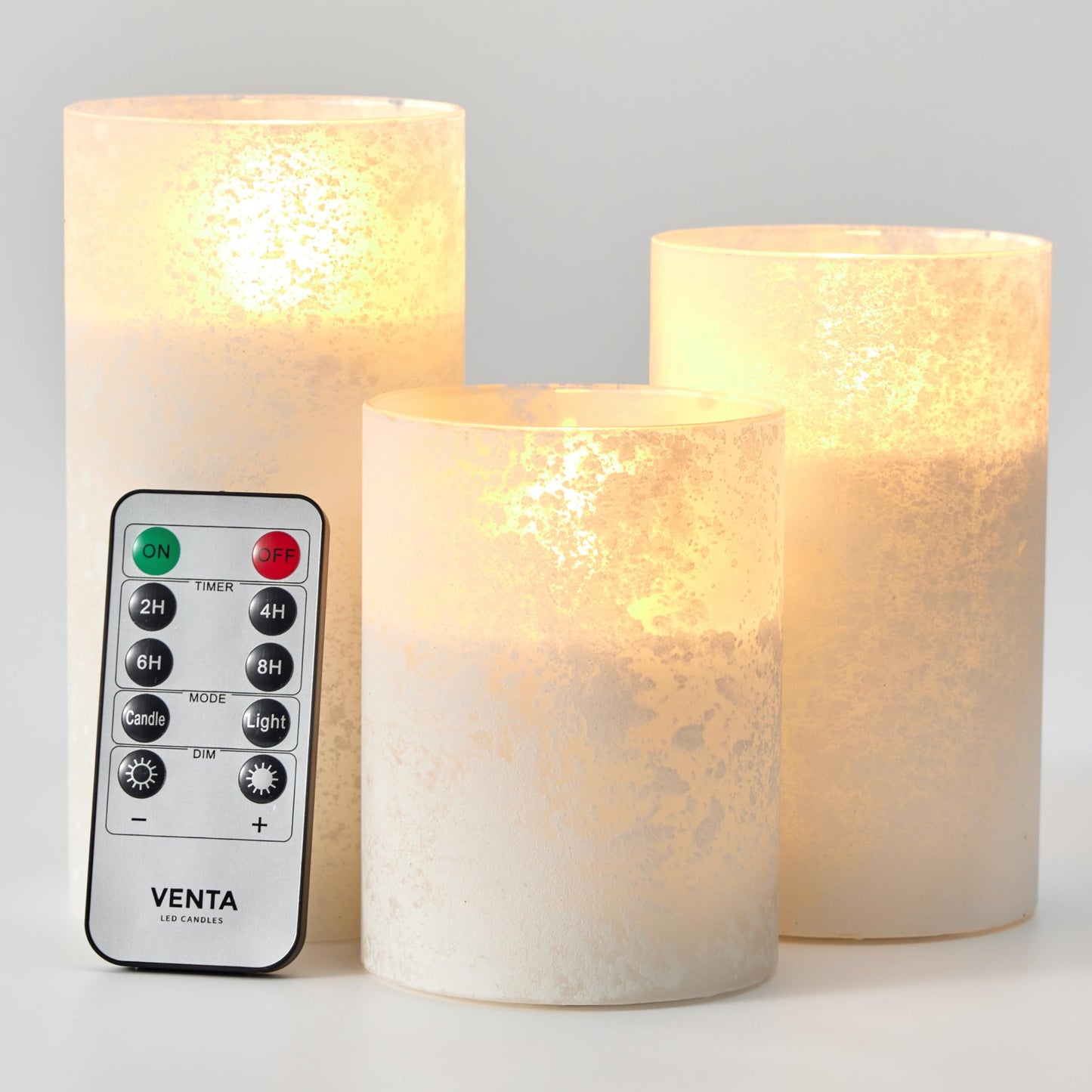 VENTA Frosted Glass LED Candles, Set of 3 | Warm Amber Flickering Pillar Candles with Remote | Creates Cozy, Relaxing Hygge Ambiance for Bedroom & Living Room