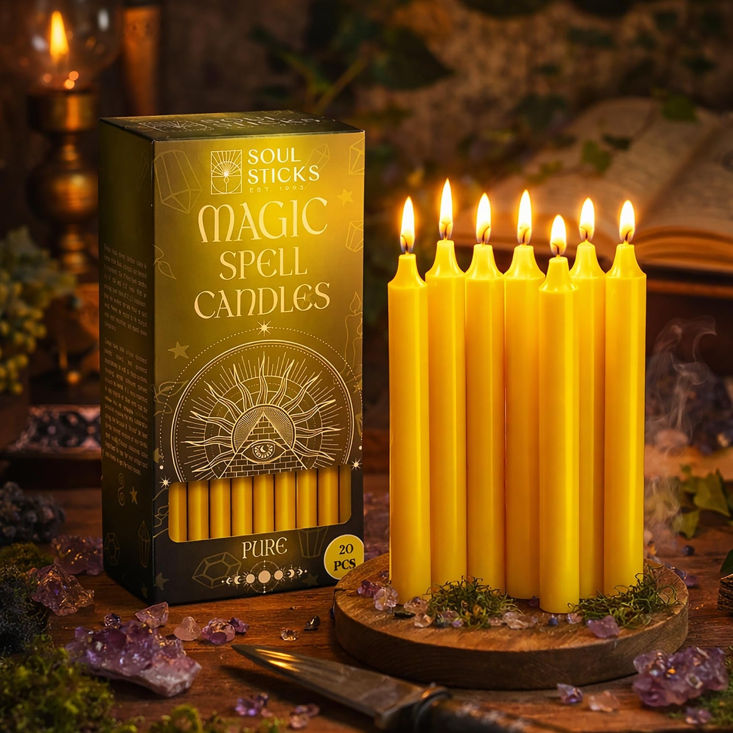 SOUL STICKS Pure Soul Magic Spell Chime Taper Candles 20 Pack - Ideal for Altar, Rituals, Ceremonies, Meditation Yellow Candle for Witchcraft Supplies, Wiccan Supplies, Candles Clearance