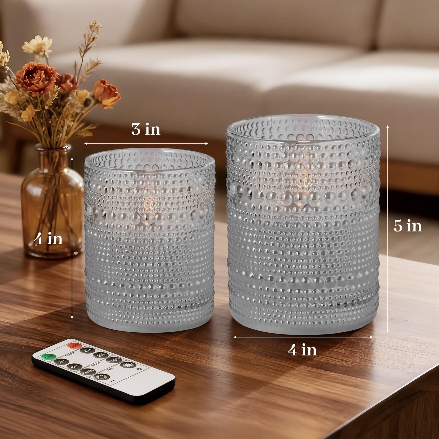Velsyn Dotted Glass Flameless Candles with Remote Timer, Real Wax Battery Operated LED Pillar Candles with 3D Flickering Flame for Festival Wedding Home Party Decor, 3" x 4", 4" x 5", Set of 2 (Gray)