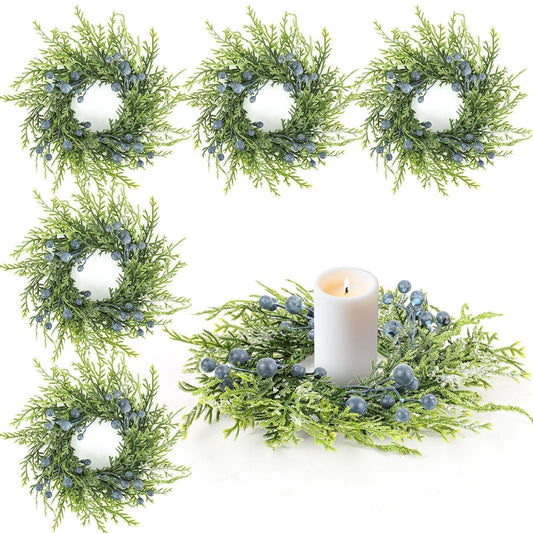 6 Pcs Mini Blueberry Wreaths Candle Rings Artificial Spring Summer Candle Wreaths for Pillars Rustic Wedding Farmhouse Wreath Table Centerpiece Decoration for Cabinet Kitchen Front Door Home Decor