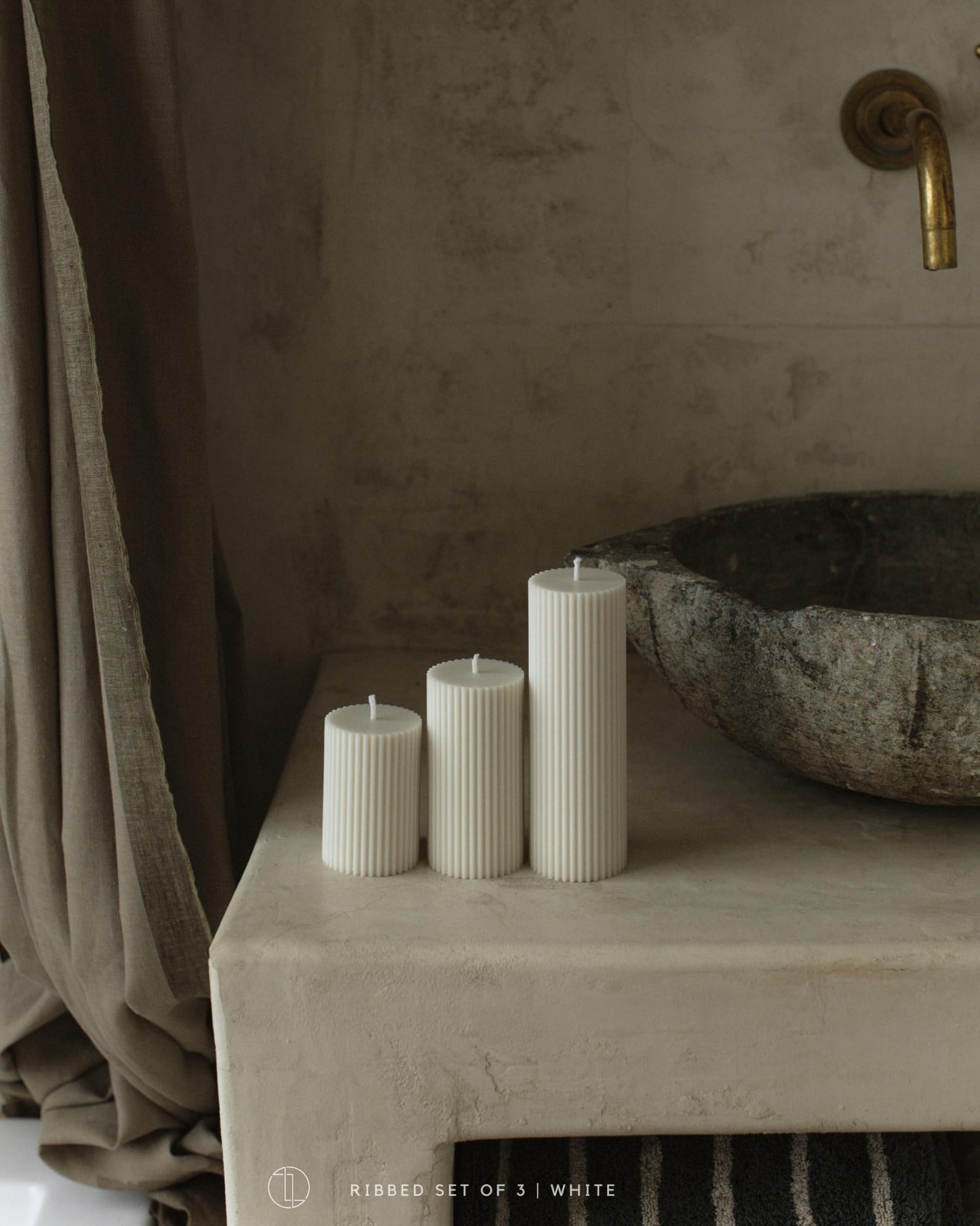 LAWA Roman Handmade Tall Ribbed Pillar Candle - Beautiful Scented Soy Wax Stripped Dinner Candle | Classic Aesthetic Decoration Set | Housewarming Gift | Home Room Shelf Decor Idea - White (Set of 3)