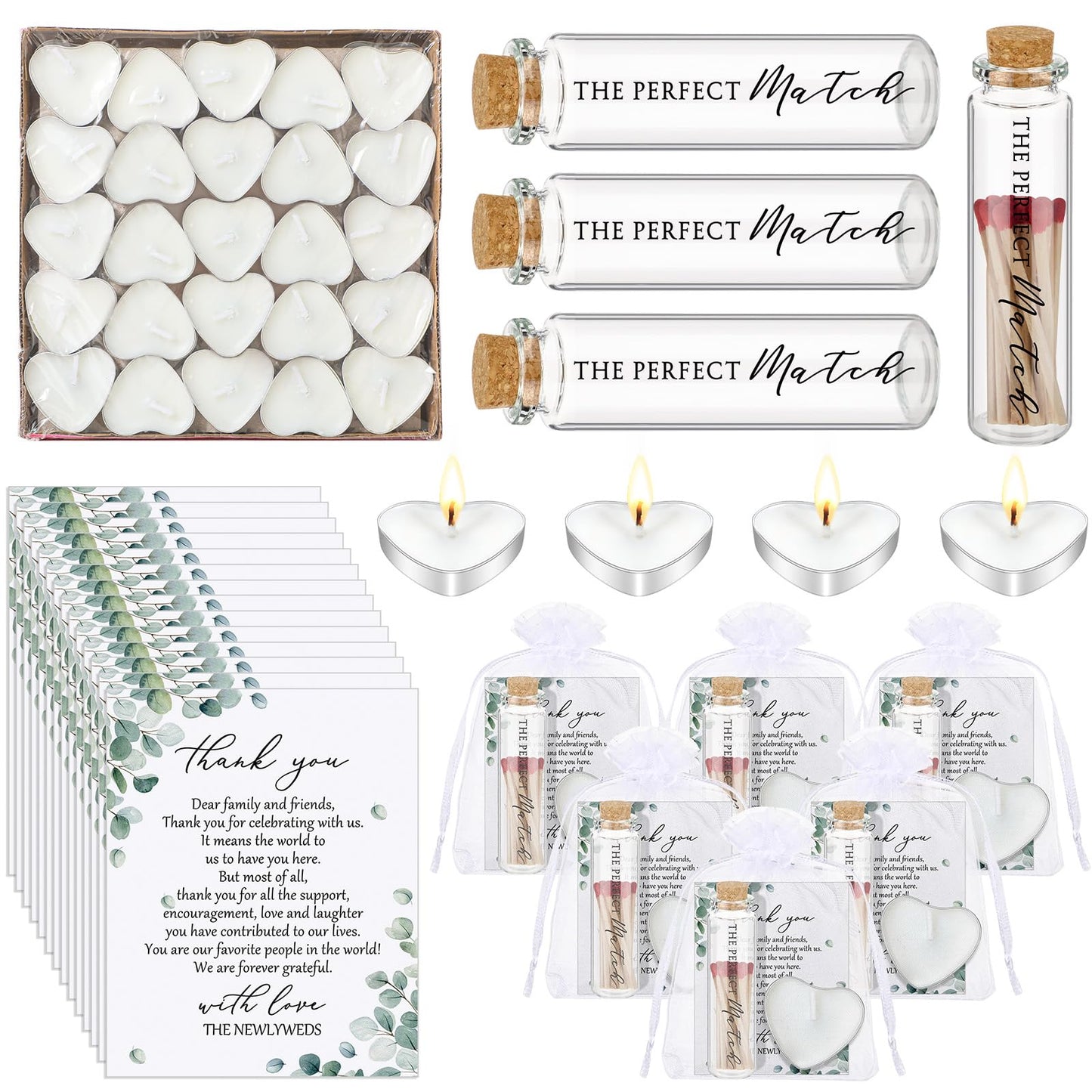 Wovnet 100 Sets Wedding Party Favors for Guests Bulk Including Mini Heart Shaped Candles and Empty Matches Jars with Cork Top Thank You Cards and Organza Bags for Wedding Bridal Shower Party Souvenir