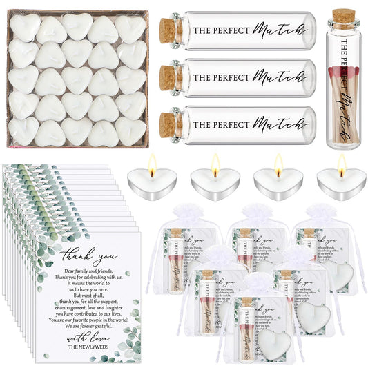 Wovnet 100 Sets Wedding Party Favors for Guests Bulk Including Mini Heart Shaped Candles and Empty Matches Jars with Cork Top Thank You Cards and Organza Bags for Wedding Bridal Shower Party Souvenir