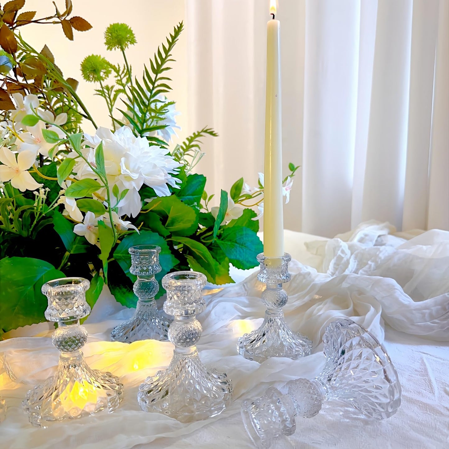 ECHFSM Glass Candlestick Holder,Striped Taper Candle Holders,Set of 6 Candle Stand for Table Centerpieces, Home Decor,Weddings,Festival and Parties (Clear Dimond Pattern)