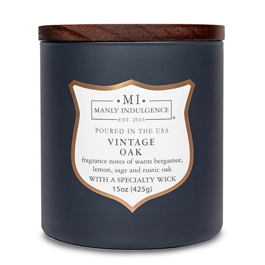 Manly Indulgence Vintage Oak Scented Candles for Men, 15 oz Wooden Wick, Premium Soy Blend Wax, 60H Burn, Candles for Home Scented - Made in The USA