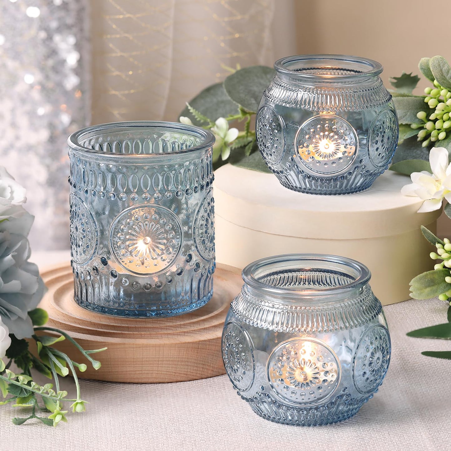 DARJEN Blue Votive Candle Holder Set of 20, Upgraded Size Tea Light Candle Holder Glass for Wedding Table Centerpieces, Elegant Bulk Votive Holders for Party, Proposals and Wedding Shower