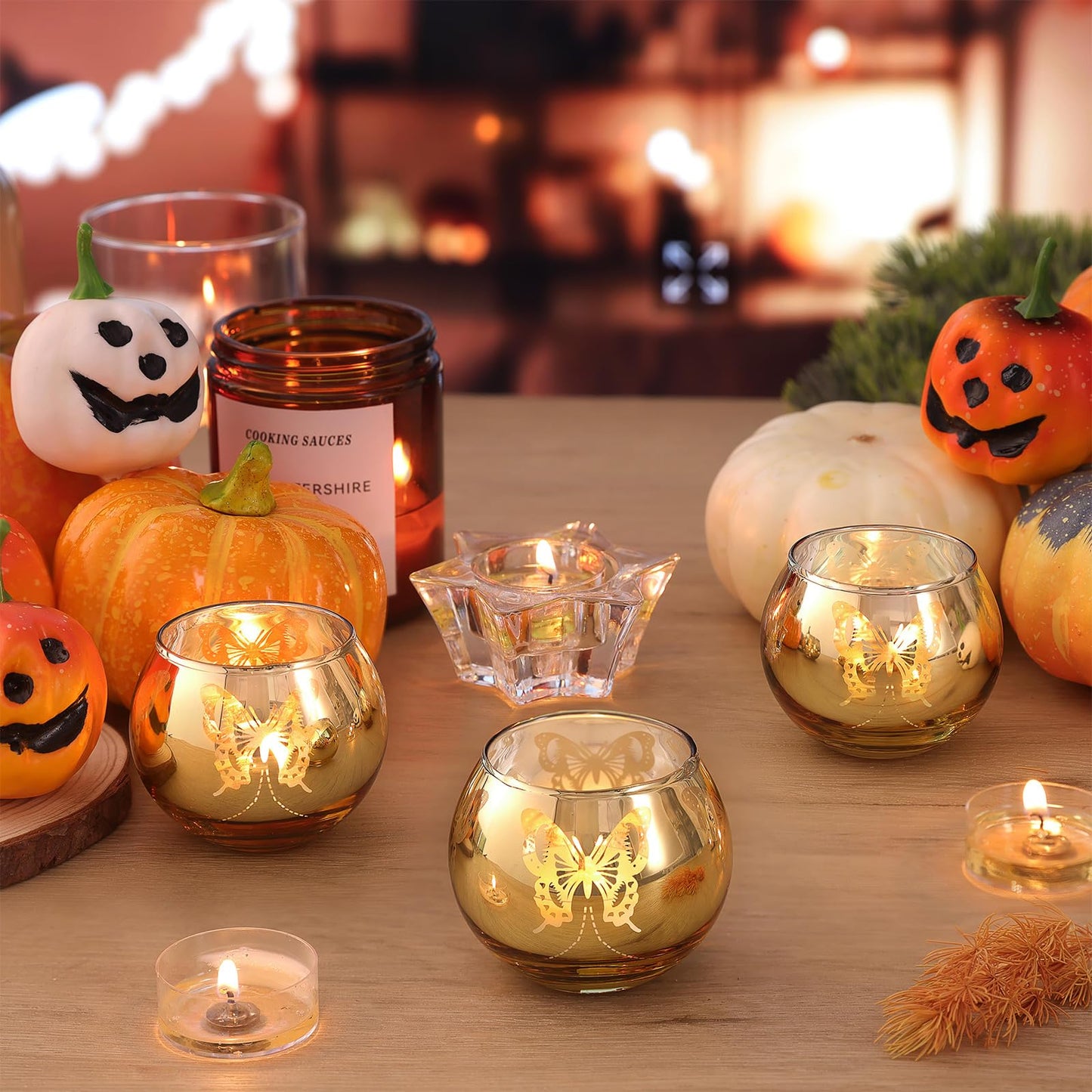 Gold Votive Candle Holders Set, 12 PCS Tea Lights Candle Holder Decorative Bulk with Butterfly Pattern, Candle Holders for Wedding, Birthday, Anniversary, Parties, and Holiday Decorations