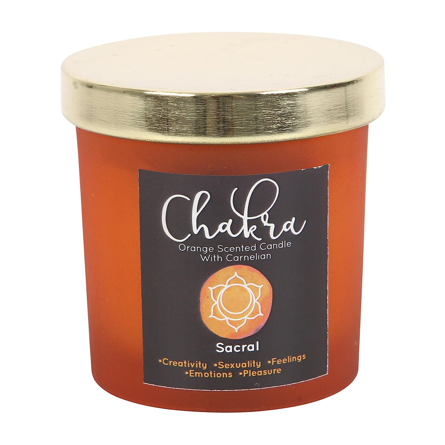 Sacral Chakra Candle: Orange Fragranced with Carnelian Crystal Chips, Reusable Glass Holder, Metallic Lid - 25-Hour Burn Time, Paraffin Wax - Spiritual Purpose, Seven Chakras Healing