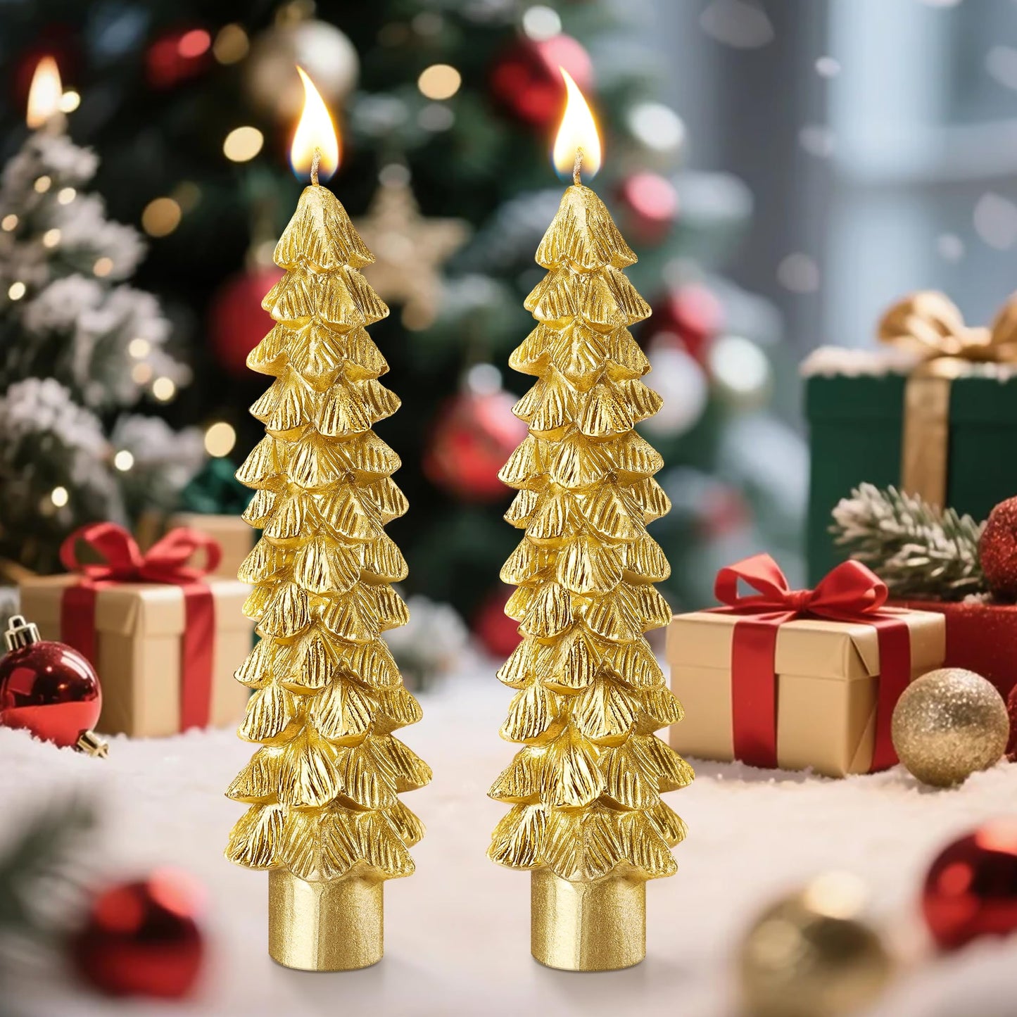 Ceoighe 2 Pack Christmas Tree Candles, 5 Inch Unscented Tree Shaped Taper Beeswax Candles for Christmas Holiday Decor Table Centerpiece Display Party Banquet Gift (Gold)