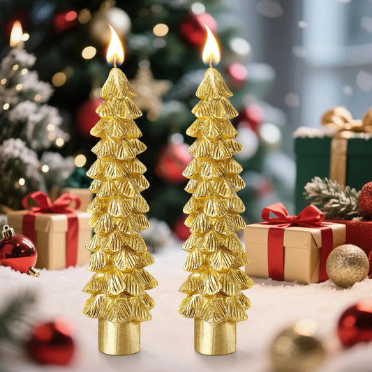 Ceoighe 2 Pack Christmas Tree Candles, 5 Inch Unscented Tree Shaped Taper Beeswax Candles for Christmas Holiday Decor Table Centerpiece Display Party Banquet Gift (Gold)