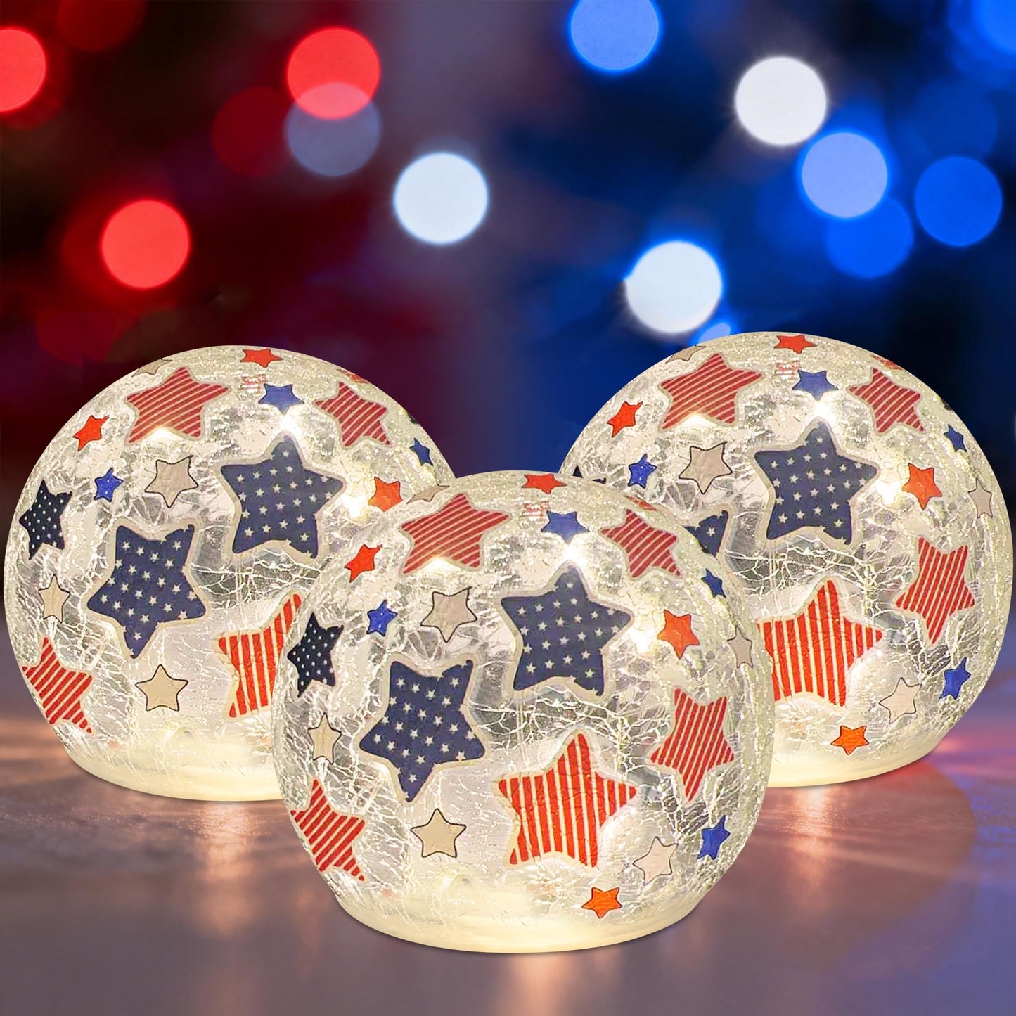 3PCS Independence Day Decorative Lights, 3.93-inch Independence Day Desktop Decoration LED Night Light, Cracked Glass Ball Light with Timer, 4th of July Decoration (red Five-Pointed Star)