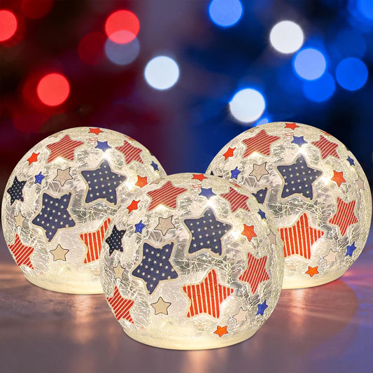 3PCS Independence Day Decorative Lights, 3.93-inch Independence Day Desktop Decoration LED Night Light, Cracked Glass Ball Light with Timer, 4th of July Decoration (red Five-Pointed Star)